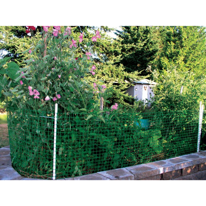 garden fence surrounding garden with pink flowered vine and bushes